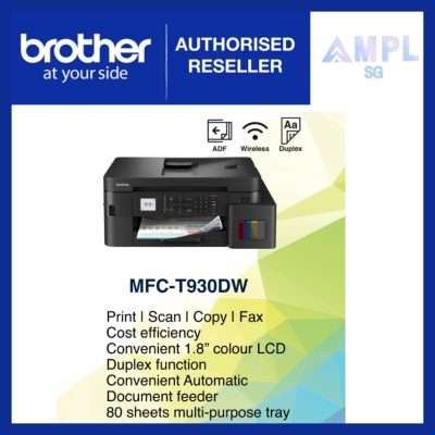 Brother MFC-T930DW Ink Tank Printer | Print Scan Copy Fax | Auto 2-sided (Duplex) printing, 20 sheets Auto-Document Feeder ADF, 1.8” LCD screen | WiFi, Airprint, Mopria, Wireless Direct, USB 2.0, LAN | BTD100BCMY | 3-year carry-in warranty by Brother