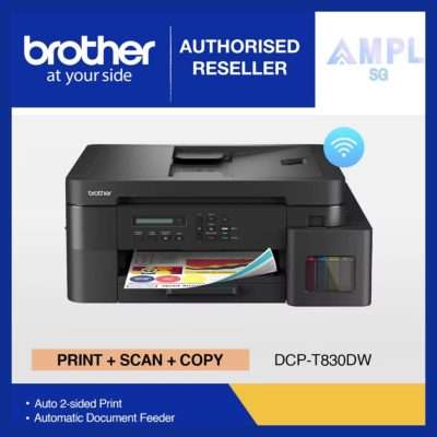 Brother DCP-T830DW Ink Tank Printer | Print Scan Copy | Auto 2-sided (Duplex) printing, 20 sheets Auto-Document Feeder (ADF) | WiFi, Airprint, Mopria, Wireless Direct, USB 2.0, LAN | BTD100BCMY | 3-year carry-in warranty by Brother Singapore Direct