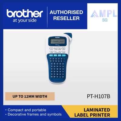Brother PT-H107B Label Printer | Portable Handheld Label Printer for home use | One-touch keys for easy label creation | Compact and Portable | Print up to 12mm TZe l1 Year Carry in Warranty by Brother Singapore Direct | PT H107B H107 107 Portable Machine