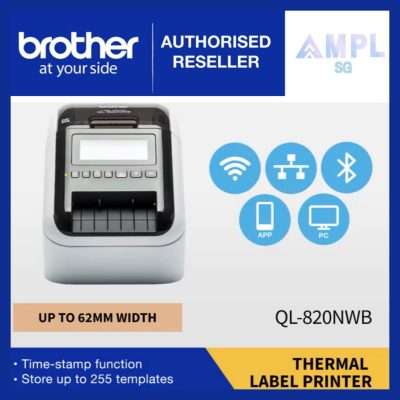 Brother QL-820NWB Label Printer | Auto cut function | Print up to 62mm DK rolls width | 110 labels per minute fast print speed | 300 x 600dpi high print resolution | Print Black/Red text on White labels